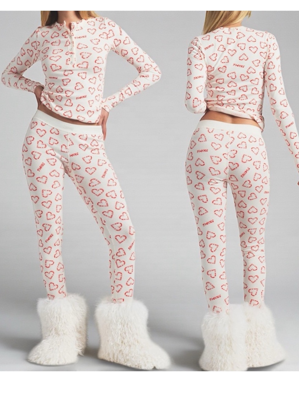 Skims Cotton Rib Henley & Pant Set Marble Candy Heart Print | S